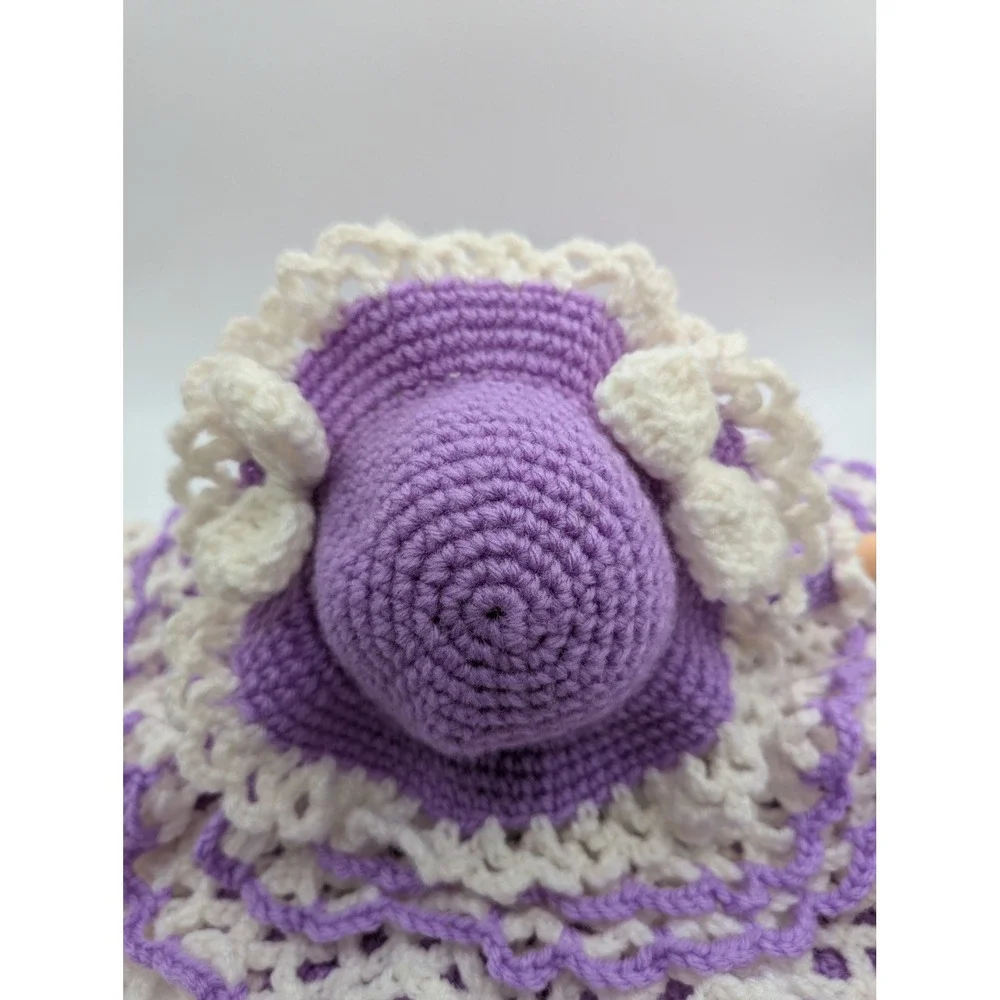 Vintage Handmade Crochet Bed Doll Purple White Ruffle Gown Green‎ Hair 10 Inch
